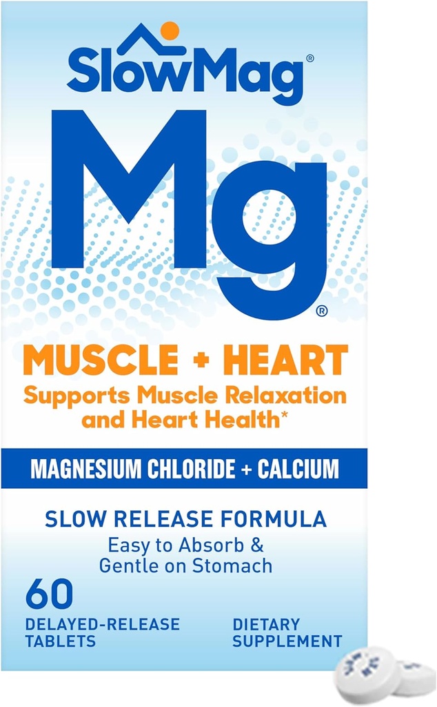 BlowMag Muscle + Heart Magnesium Chlorid med Calcium supplement til støtte muskelafslapning, Lejlighedsvis Muscle Cramping & Heart Health, High Absorption, 60 Tæl