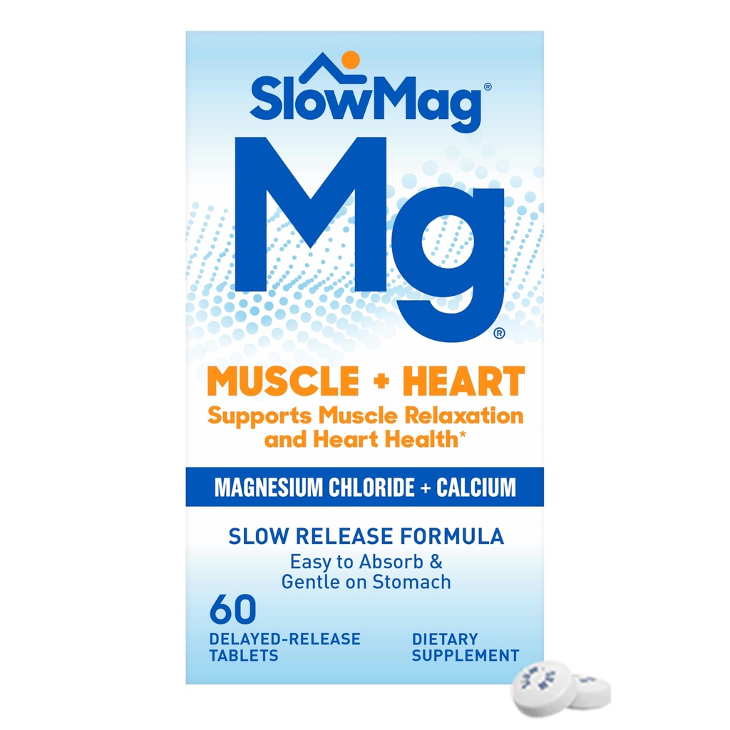 BlowMag Muscle + Heart Magnesium Chlorid med Calcium supplement til støtte muskelafslapning, Lejlighedsvis Muscle Cramping & Heart Health, High Absorption, 60 Tæl