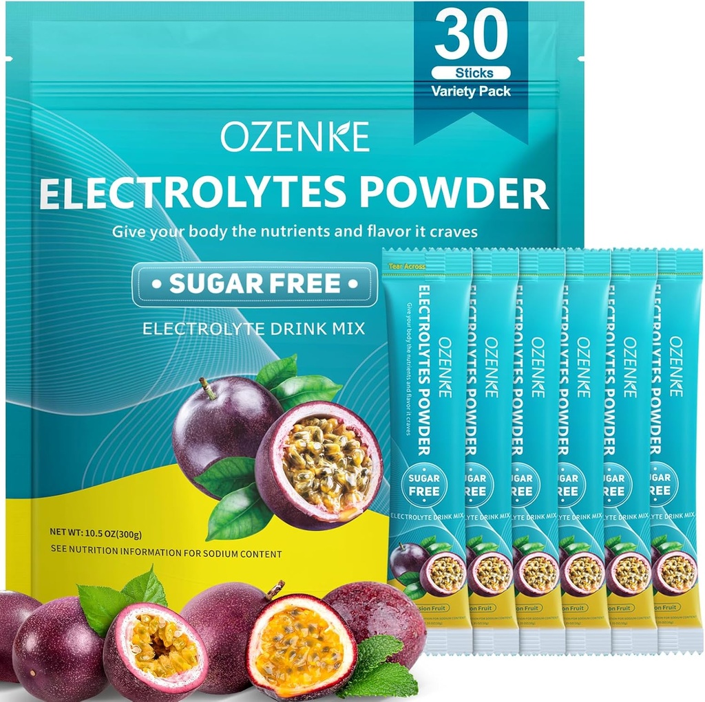 Elektrolyter Powder Pakker, 30 Sticks Hydration Pakker Sukker Gratis, Electrolyte Drink Mix Portable Elektrolyte Pakker til hurtig Hydration, 0 Sukker & 0 Kalorie, Passionsfrugt Flavor