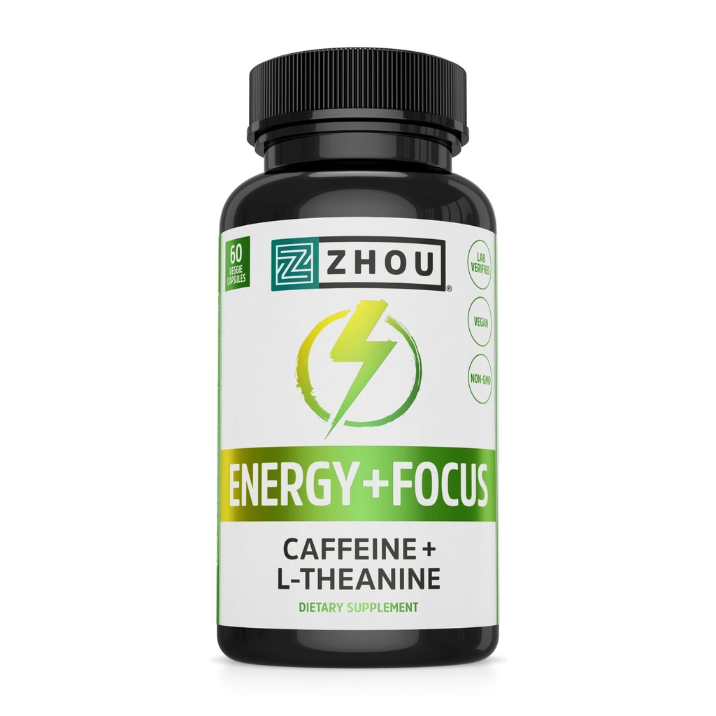 Zhou Energy + Focus - L Theanine Coffein Pills, 200mg L- Theanine, 100mg Natural Anoval Coffein Boost til voksne, mænd & kvinder, Slow Extended Release - 60 Vegetariske kapsler (pakke med 1)
