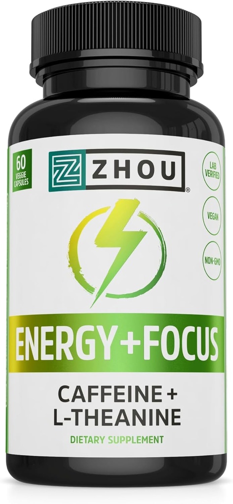 Zhou Energy + Focus - L Theanine Coffein Pills, 200mg L- Theanine, 100mg Natural Anoval Coffein Boost til voksne, mænd & kvinder, Slow Extended Release - 60 Vegetariske kapsler (pakke med 1)