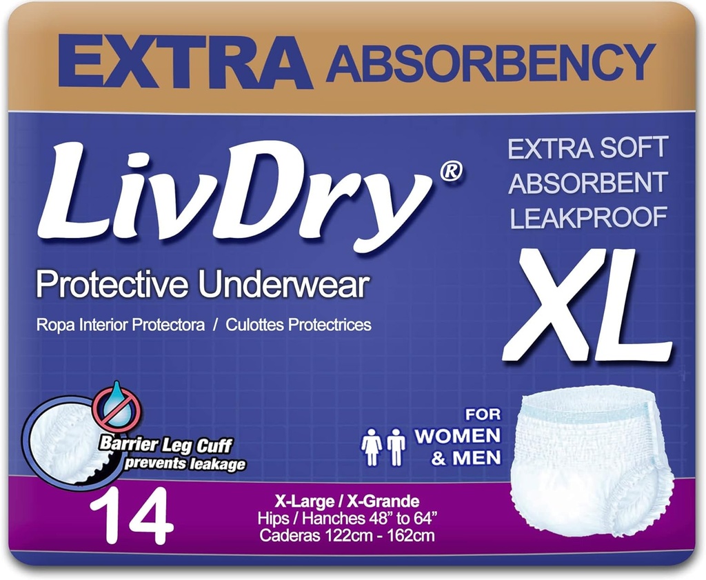 LivDry Voksen XL Inkontinens Undertøj, Ekstra Absorbency Voksen bleer, Læbe Beskyttelse, X- Large, 14- Pack