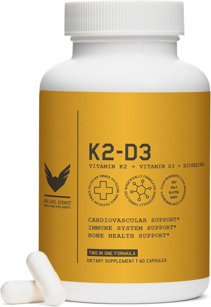 Højt niveau K2D3, vitamin K2 & D3 tillæg med BioPerine Black Pepper, Dual Action Complex for Heart, Bone, immunforsvar, 5000 IE D3, 100 mcg K2, Vegetar, 60 Veggie kapsler