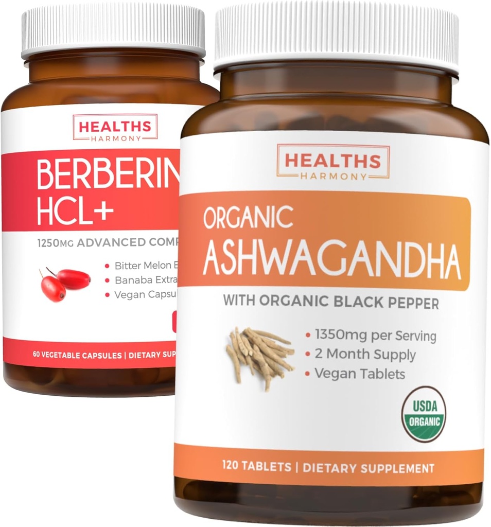 Spar $4 (11% Off) - Køb Organic Ashwagandha & Berberine HCL + - Nature 's Synergy Duo - Berberine (60 kapsler) - Organic Ashwagandha Root Powder 1350mg Serve (120 tabletter) Natural Adrenal Hjælp