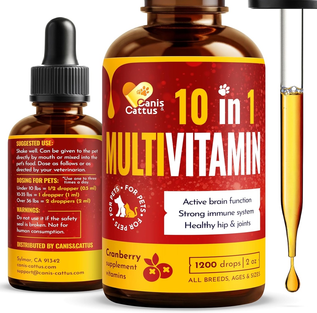 Canis & Catus 10- in-1 Multivitamin til hunde og katte - Daglig Glucosamin, B-vitamin, C & D3 Support - Flydende supplement med Cranberry & MSM - 2 oz