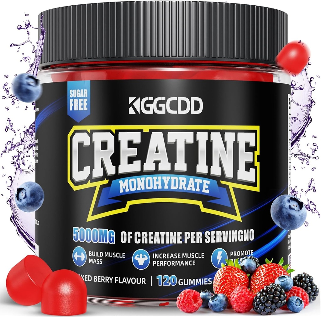 Creatinmonohydrat Gummies Sukker fri, 5g Creatinmonohydrat pr Servering for Muskel Maksimal Styrke, Energy Focus Endurance, kreatin Kosttilskud til kvinder Mænd 120Count blandet berry