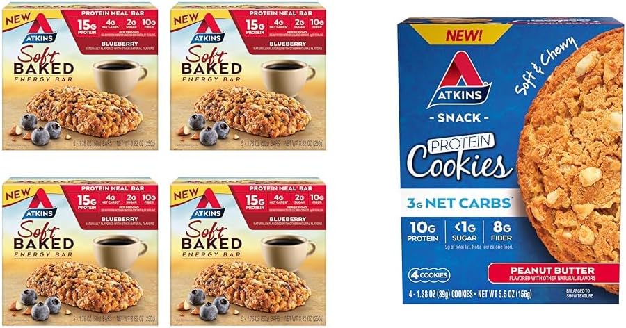 Atkins Soft Baked Energy Bars, Blåbær, 15g Protein, 2g Sukker, Excellent Kilde & Jordnøddesmør Protein Cookie, Protein Dessert, Rich in Fiber, 3g Net Carb, 1g Sukker