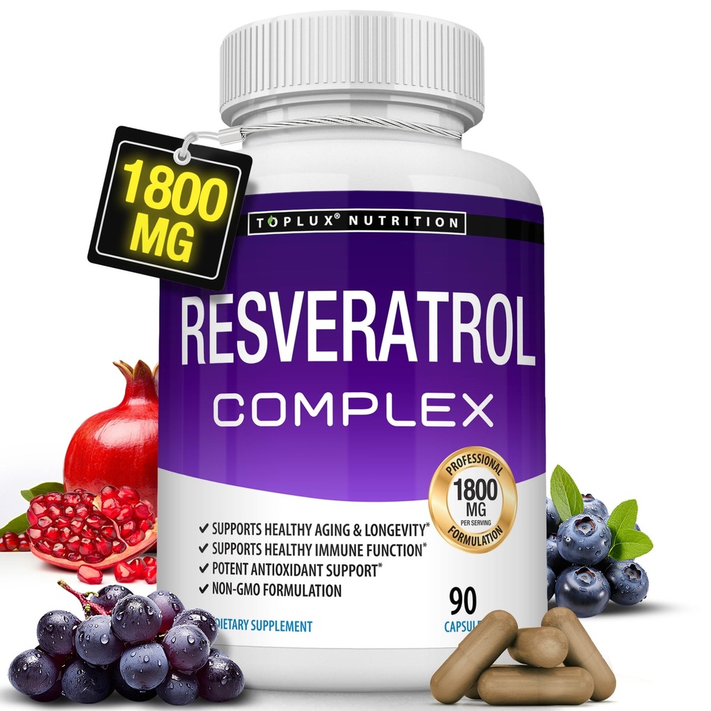 Resveratrol Supplement 1800 mg Antioxidant Complex - stærkt potent naturlige trans- Resveratrol piller til sund aldring, Samlet sundhedsstøtte, immunsystem, hjernefunktion, for mænd kvinder, 90 kapsler