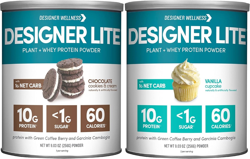 Designer Wellness, Designer Lite, Low Calorie Natural Protein, Prebiotic Fiber, Key Vitamin & Minerals, Vanilla Cupcake og Chokolade Cookies & Cream Bundle