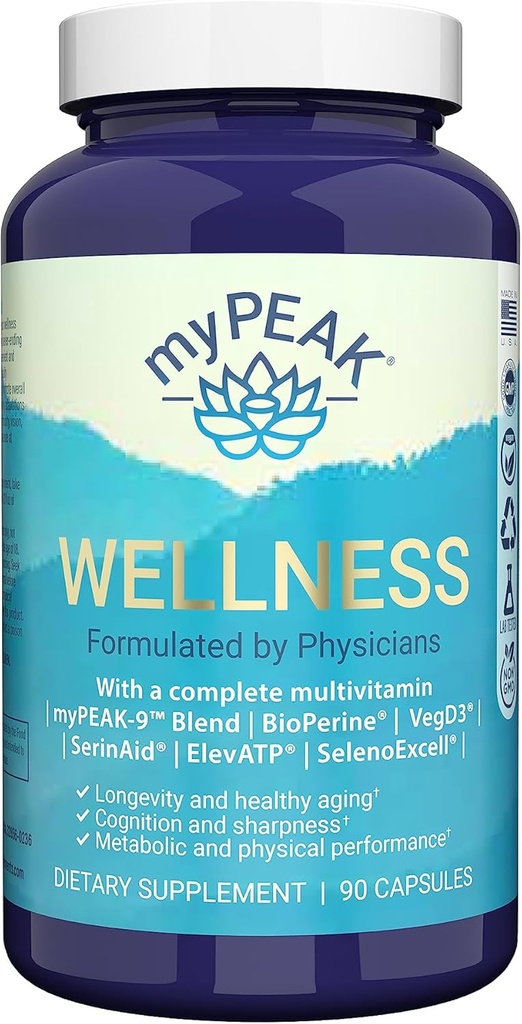 myPEAK Wellness Award- Winning Vegan Multivitamin med ElevatP Ancient Peat Extract, Natural Astaxanthin, Jern, Resveratrol og Alpha GPC, Immunity Booster, All- in-One for mænd og kvinder, 90 Greve