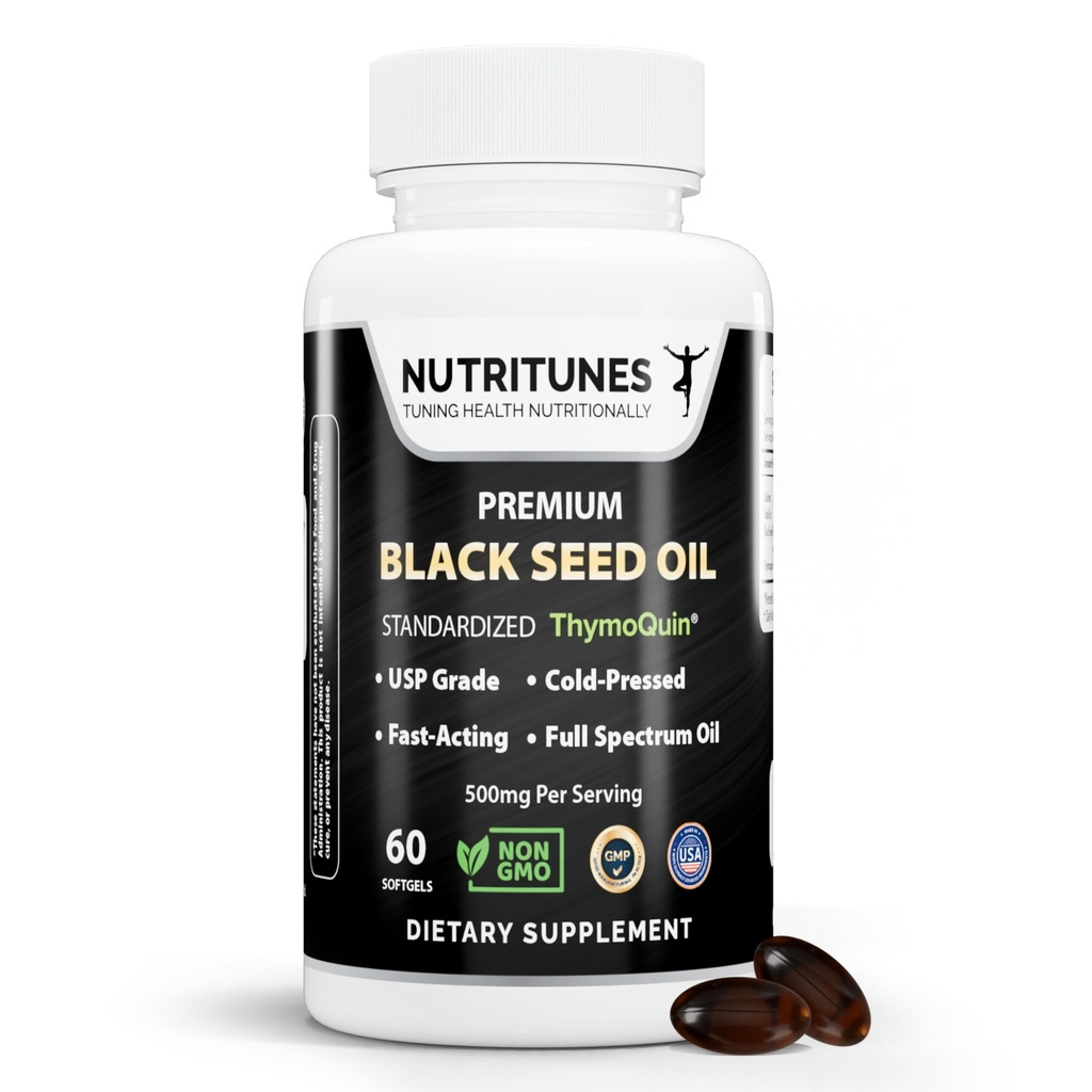 Black Seed Oil 3% Thymoquinone Standardized - Klinisk undersøgt, USP Grade, Cold- Pressed Nigella Sativa ThymoQuin, Non- GMO - 60 Softgels