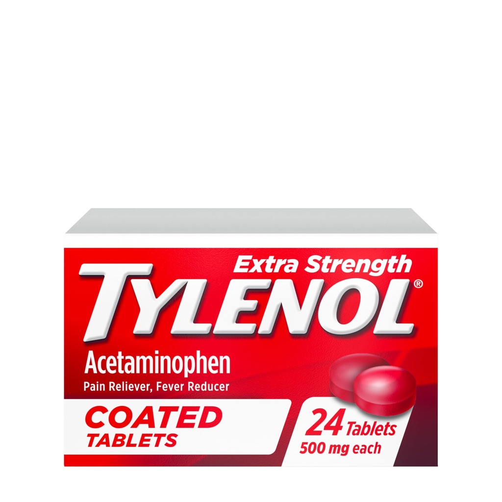 Tylenol Extra Strength Pain Reliever & Fever Reducer, runde overtrukne tabletter, 500 mg Acetaminophen Pain Relief Pills for Hovedpine, Tandpine & Mindre Gigtsmerter, 24 mg