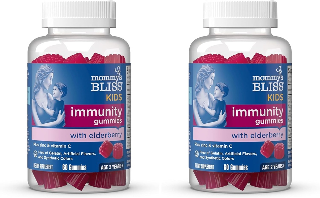 Mors Bliss Kids Elderberry Gummies, Understøtter Immunitet med Black Elderberry, Zink & Vitamin C, Gluten Free & Vegan, Alder 2 År + (60 Greve) (Pack of 2)