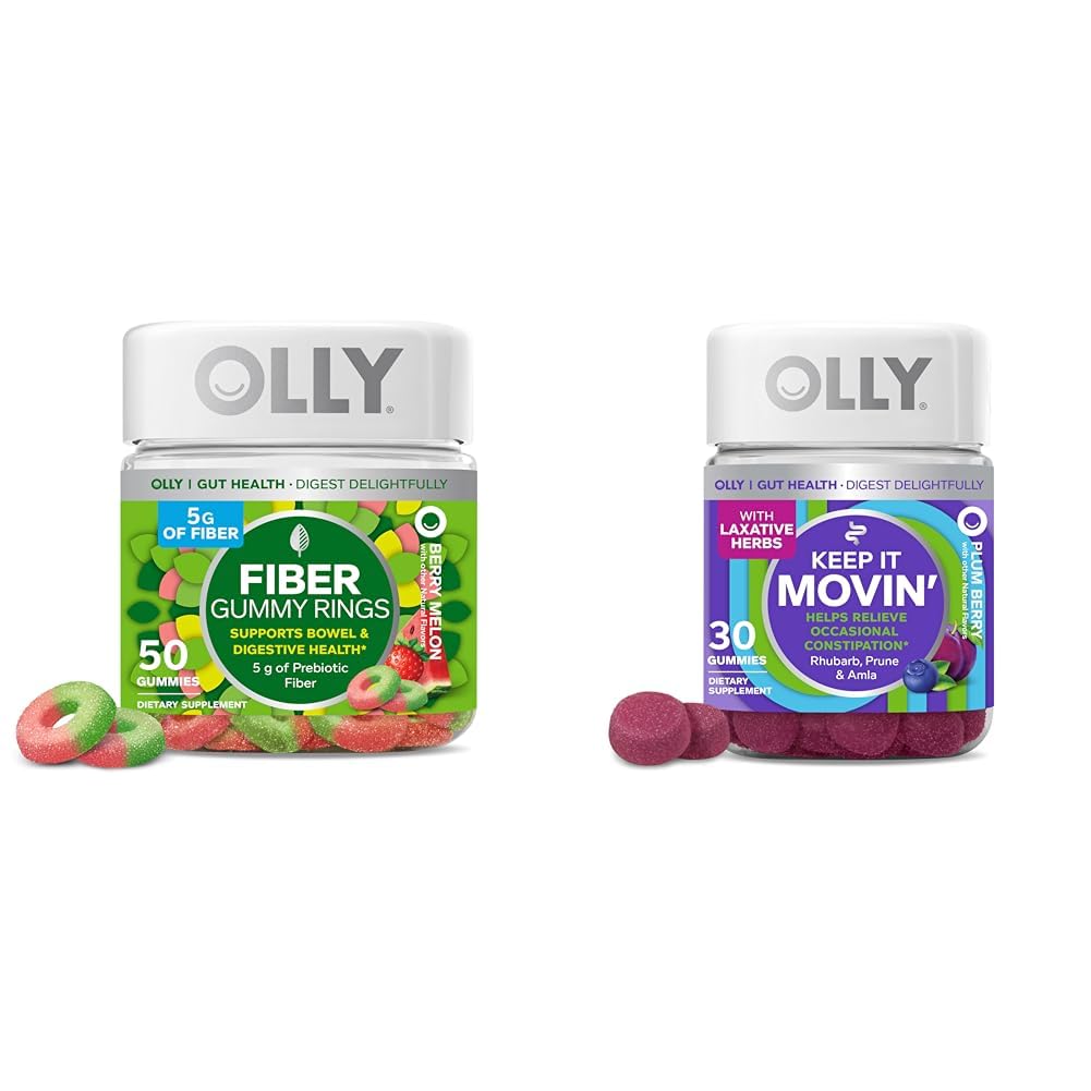 OLLY Fiber Gummy ringe, 5g Prebiotic Fiber, FOS (Fructo- oligosaccharides), fordøjelsesstøtte, Berry Melon 50ct & Hold det bevægende Forstoppelse Relief, Rabarber, Prunes, Amla - Plum Berry Flavor - 30ct