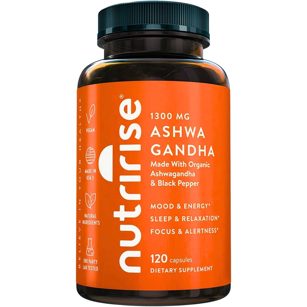 Nutrise Organic Ashwagandha Root Kapsler med sort peber, 1300mg, Natural Stress & Mood, Thyroid, og immunforsvar Support, Clarity, Focus & Energy, Gluten Free, 120 Greve