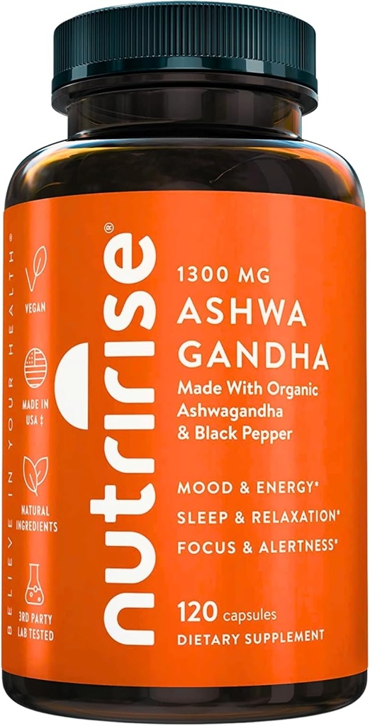 Nutrise Organic Ashwagandha Root Kapsler med sort peber, 1300mg, Natural Stress & Mood, Thyroid, og immunforsvar Support, Clarity, Focus & Energy, Gluten Free, 120 Greve