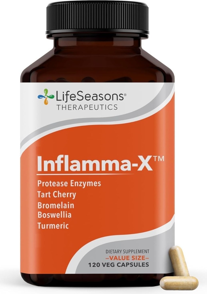 LifeSeasons Inflamma- X Joint & Tissue Support - Understøtter Muscle Comfort, Inddrivelse & Fleksibilitet - Urteformel med gurkemeje, Bromlein, Protease - 60 kapsler