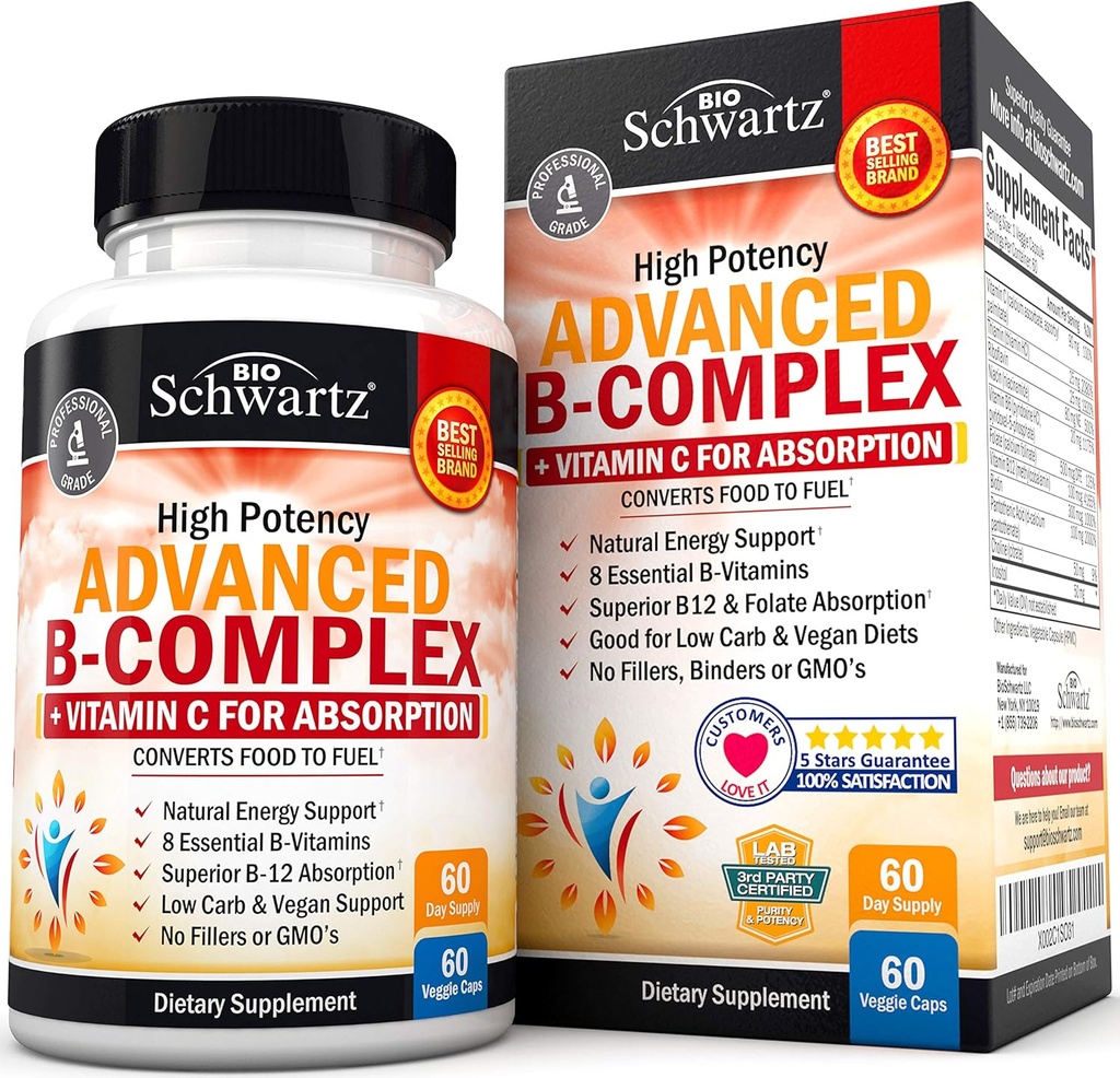 Vitamin B Complex with Vitamin C for Maximum Absorption - Methylcobalamin b12 & Folate Folic Acid Supplement - B1 B2 B3 B5 B6 B7 B9 for Immune Energy & Nervous System Support - Non-GMO, 60 count