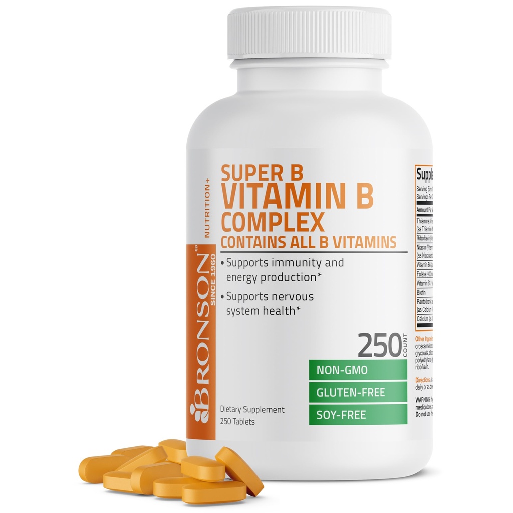 Bronson vitamin B kompleks (vitamin B1, B2, B3, B6, B9 - folinsyre, B12), 250 tabletter