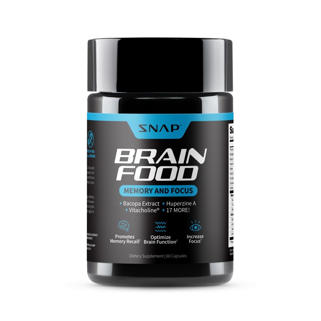 Snap Kosttilskud Brain Booster Nootropics Supplement til hukommelse, Focus & Clarity, Bacopa Extract, Ginkgo Biloba, 60 kapsler