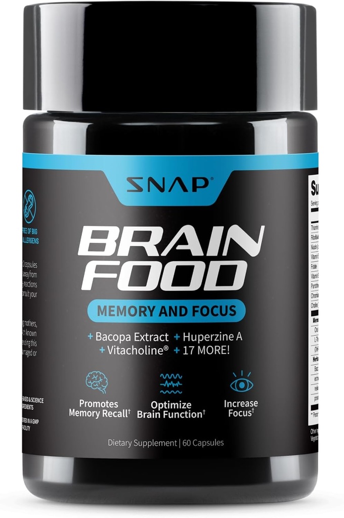 Snap Kosttilskud Brain Booster Nootropics Supplement til hukommelse, Focus & Clarity, Bacopa Extract, Ginkgo Biloba, 60 kapsler