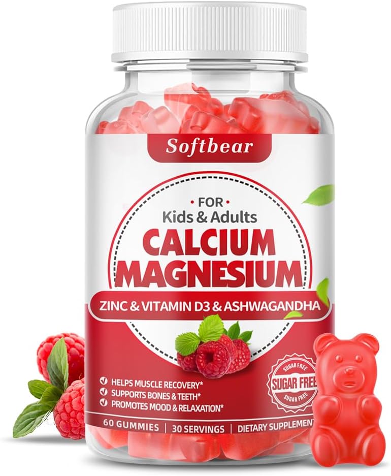 softbear Calcium Magnesium Zinkgummier til kvinder, Calcium Magnesium tillæg med vitamin D3 for ben styrke, Vegan / sukkerfri, Raspberry Flavor 60 Greve