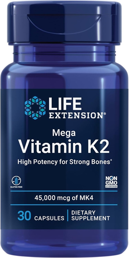 Life Extension Mega Vitamin K2 høj potens for stærke knogler, klinisk Studerede 45 mg K2 Dosering, fremmer sund knogletæthed, Glutenfri, Non- GMO, 30 kapsler