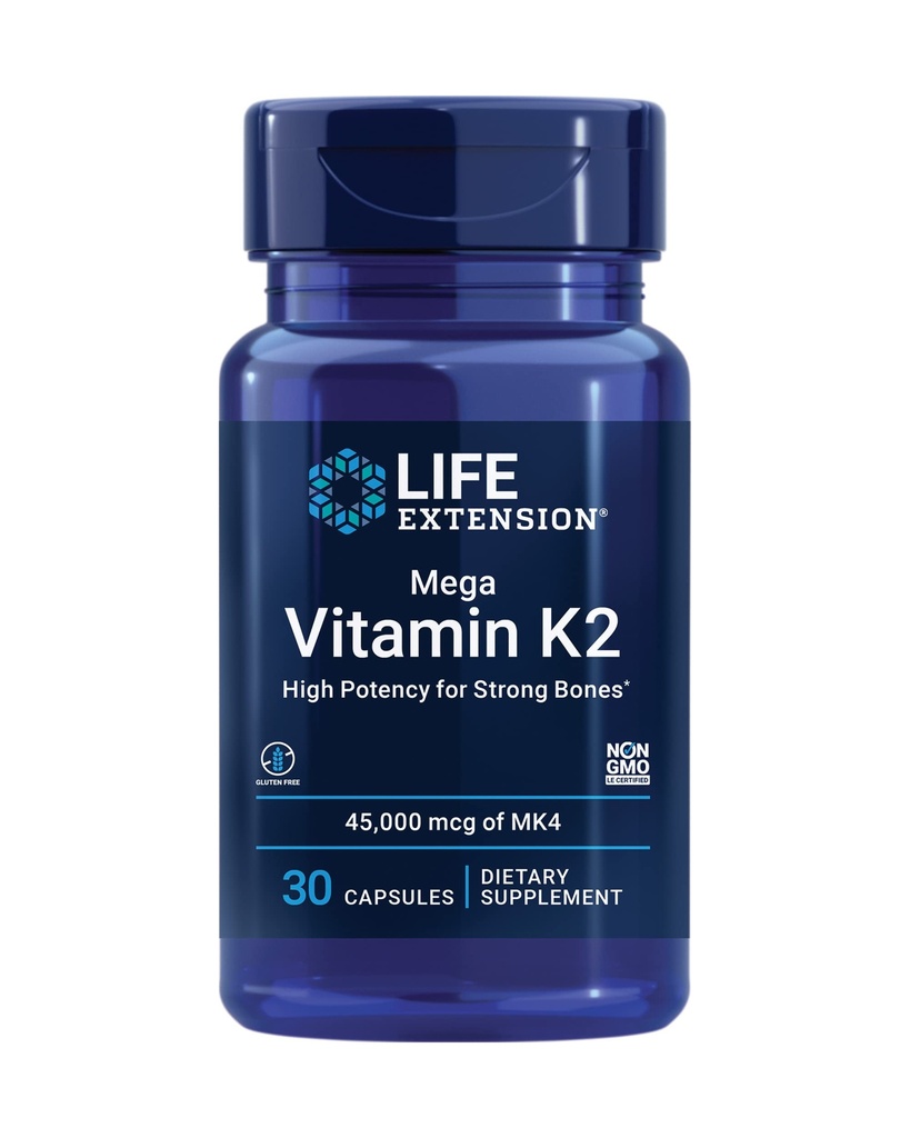 Life Extension Mega Vitamin K2 høj potens for stærke knogler, klinisk Studerede 45 mg K2 Dosering, fremmer sund knogletæthed, Glutenfri, Non- GMO, 30 kapsler