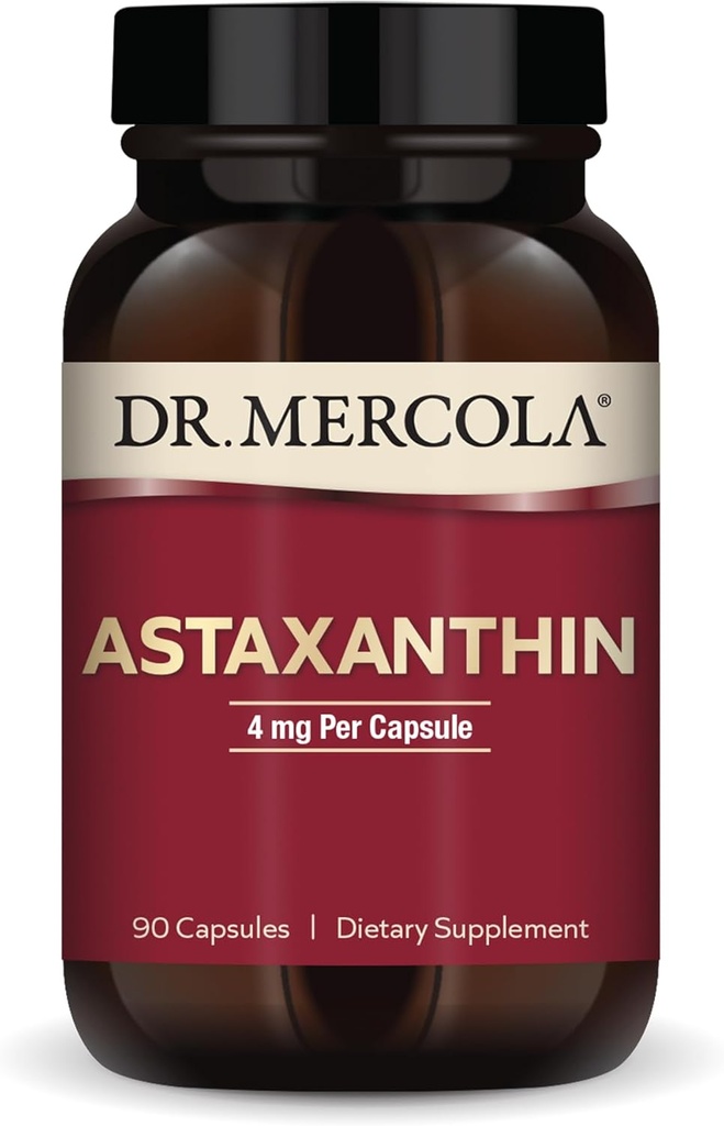 Dr. Mercola Organic Astaxanthin - 4 mg Astaxanthin - Kraftfuld Antioxidant Support - Organic Microalger Extract - Non-GMO, Gluten- Free & Soy- Free - 90 Kapsler (90 Servere)