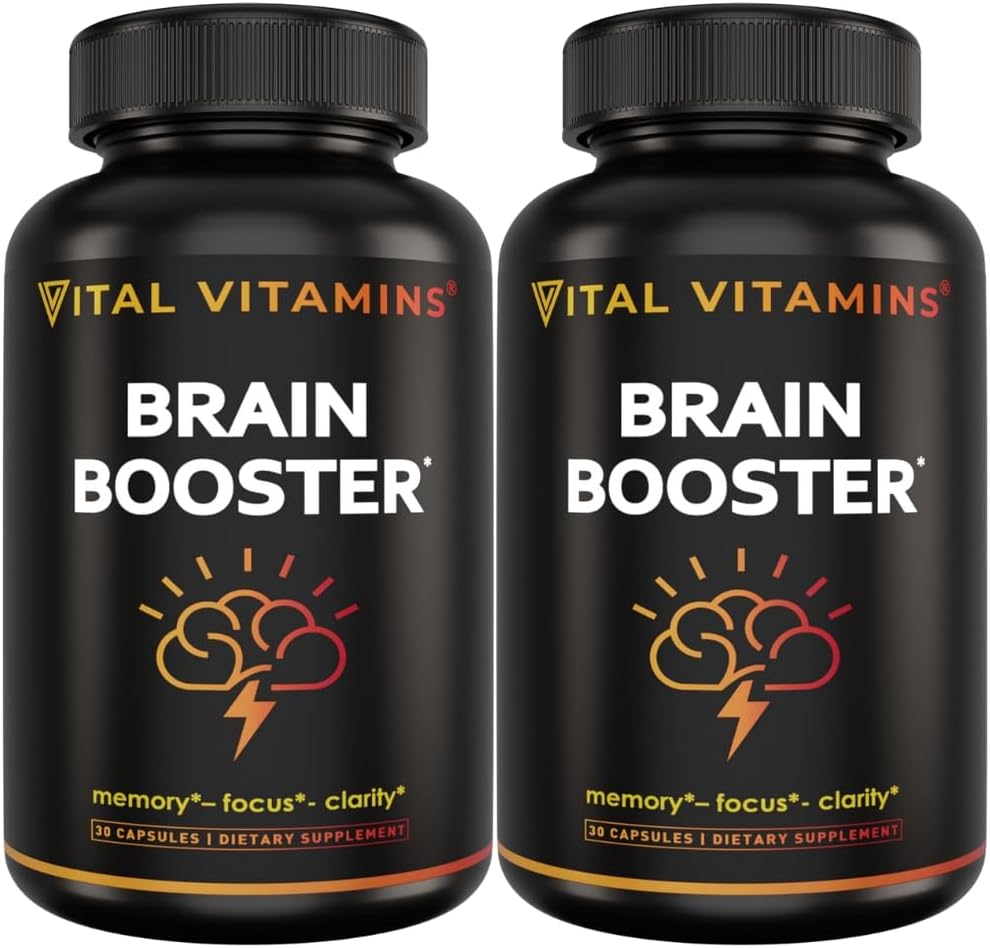 Vital Vitaminer Brain Kosttilskud til hukommelse og fokus (2-Pack) - Nootrop Brain Booster med Ginkgo Biloba, Rhodiola, B12 - Coffeine- Free Support til voksne og seniorer - 60-Day Supply