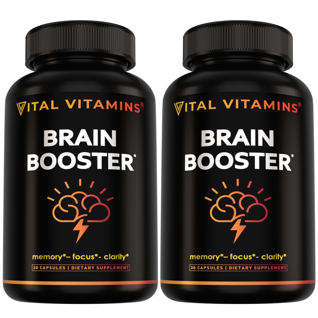 Vital Vitaminer Brain Kosttilskud til hukommelse og fokus (2-Pack) - Nootrop Brain Booster med Ginkgo Biloba, Rhodiola, B12 - Coffeine- Free Support til voksne og seniorer - 60-Day Supply