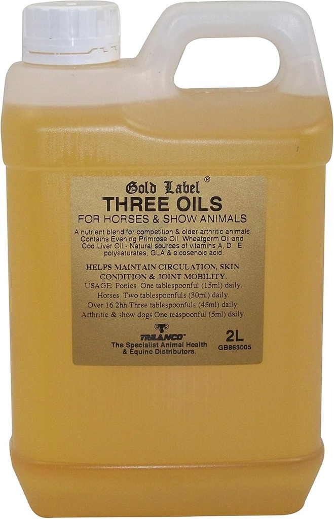 Tre Olier, Horse Supplement, Guld Label, Torsk Lever Oil, Aften Primrose Oil, Wheatkim Oil, 2 Liter