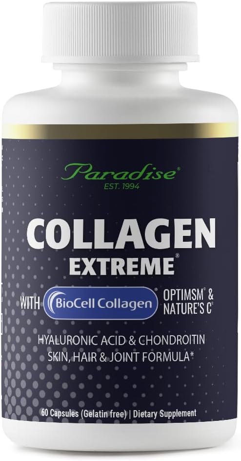 Paradise Urter Collagen Ekstrem med Biocell Collagen, Hyaluronsyre, og naturens C, for sundt hår, hud og joints, 60 kapsler