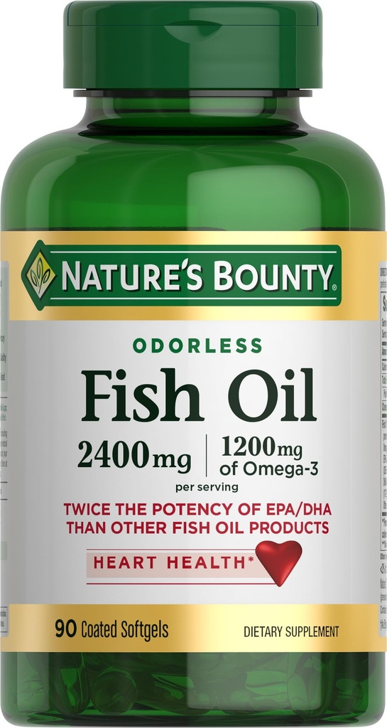 Nature 's Bounty Odorless Fish Oil, 1200mg Omega-3 per Serving Inclusive EPA & DHA, Understøtter hjertesundhed, Renset til at eliminere kviksølv, Overtrukket Softgels, Gluten Free, Ingen Shellfish, 90 Ct
