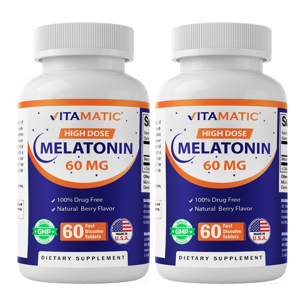Vitamatisk melatonin 60 mg Fast opløsning tabletter - 60 Veganske naturlige berry flavor tabletter - ikke-Habit Danning - ikke-GMO, Gluten Free (2 flasker)