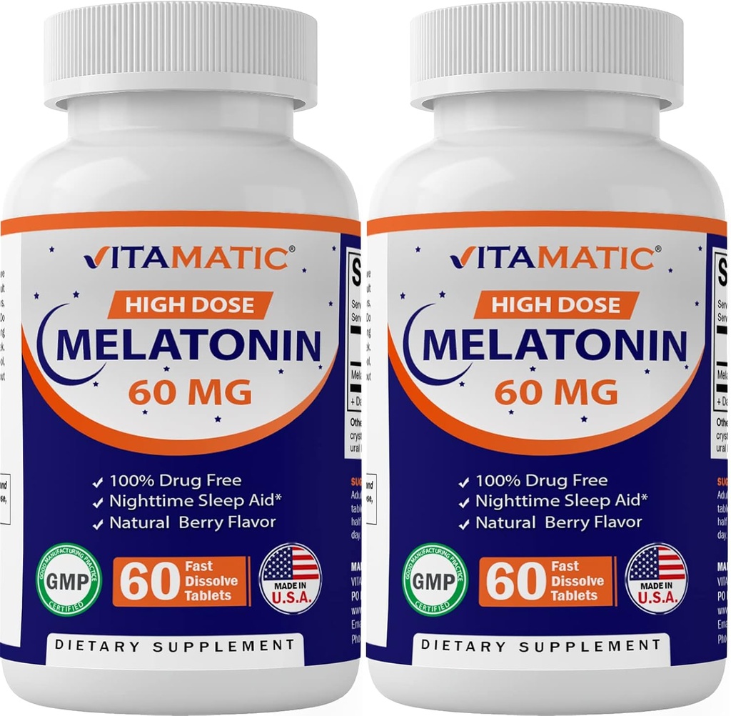 Vitamatisk melatonin 60 mg Fast opløsning tabletter - 60 Veganske naturlige berry flavor tabletter - ikke-Habit Danning - ikke-GMO, Gluten Free (2 flasker)