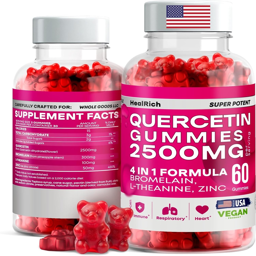 Quercetin Gummies - 2500MG med Bromelain, L- Theanine - immunforsvar Gummies Allergi Relief & Lung Sundhed for børn og voksne