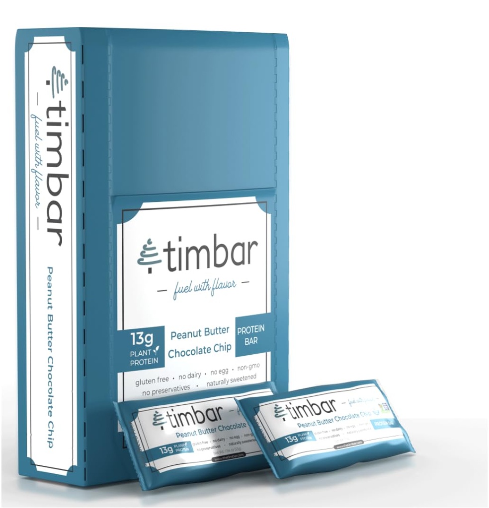 timbar Protein Bars 12 Pack-124; Plant Base- Energy & Nut Bars med 13g Protein-124; Gluten Free, Non- GMO, Dairy Free, Sund On- the- Go Snack & Meal Erstatning (12 pakker, Peanut Butter)
