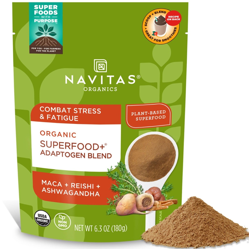 Navitas Organics Superfood + Adaptogen Blend til Stress Support (Maca + Reishi + Ashwagandha), 6.3oz Bag, 30 Servere - Organic, Non- GMO, Vegan, Gluten- Free, Keto & Paleo.