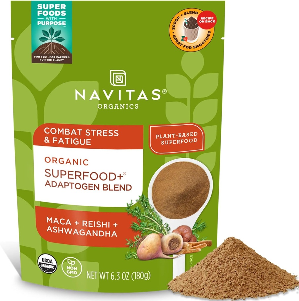 Navitas Organics Superfood + Adaptogen Blend til Stress Support (Maca + Reishi + Ashwagandha), 6.3oz Bag, 30 Servere - Organic, Non- GMO, Vegan, Gluten- Free, Keto & Paleo.