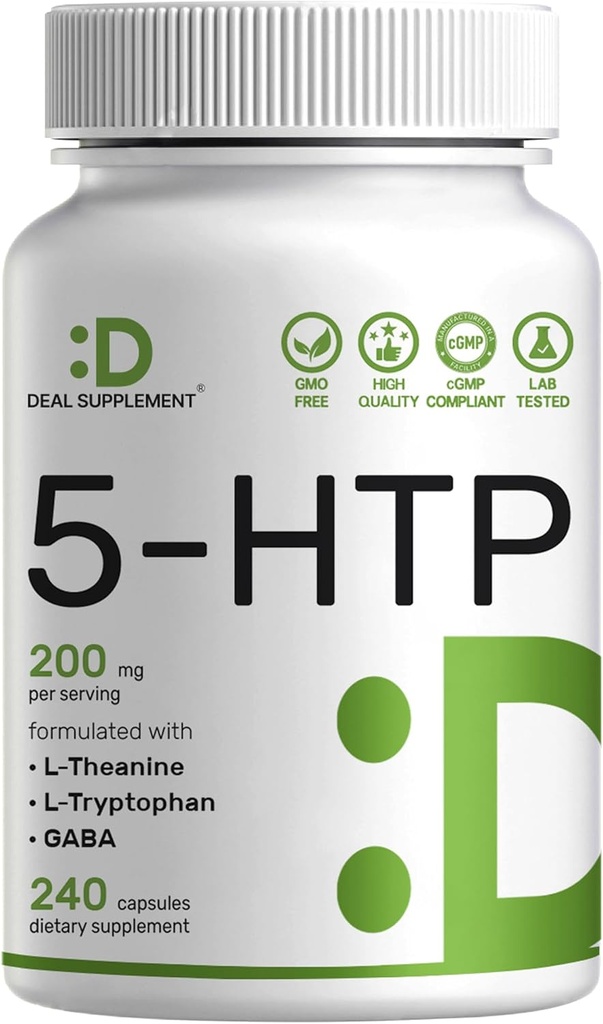 Deal Supplement 5- HTP 200mg Per Serving, 240 Kapsler, 98% African Derived Griffonia Seed Extract 124; 4 i 1 Formel 124; Plus Active L Theanine, L Tryptophan, & GABA 124; Afslapning Support Supplement