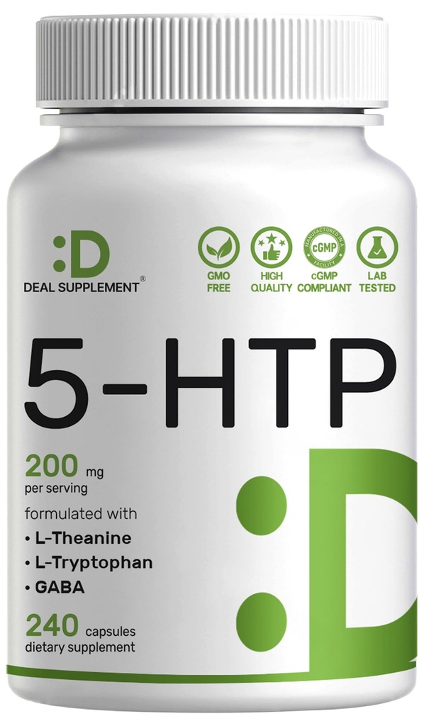Deal Support 5- HTP 200mg Per Serving, 240 Kapsler, 98% African Derived Griffonia Seed Extract 124; 4 i 1 Formelle 124; Plus Active L Theanine, L Tryptophan, & GABA 124; Afslapning Support Supplement