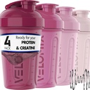 VELOMIX -4 pakning - 20 OZ Protein Shaker Flasker til Protein Mixes, Shaker Cups til Protein Shakes, Lille Shaker Flaske Pack, Shaker Cup, Shakers til protein Shakes (Berry Blend)