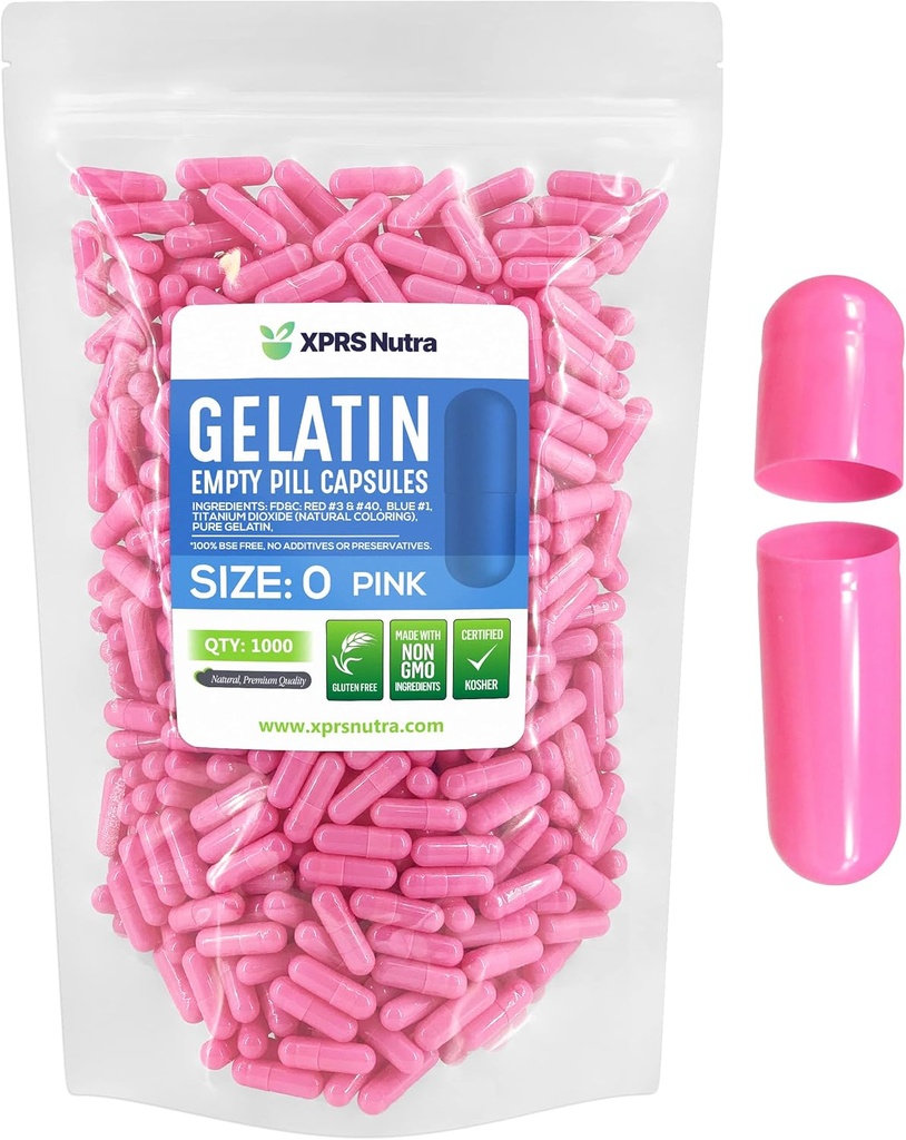 XPRS Nutra Størrelse 0 Tomme kapsler - 1000 Tomme Gelatine kapsler - Piller gør det - Pure Bovin Pill Gel Caps for Do- It- Yourself Kosttilskud (Pink)