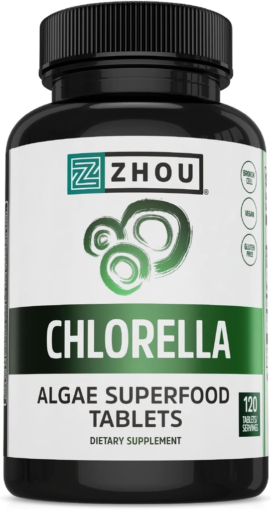 Zhou Chlorella Tablets - Chlorella Supplement, Chlorophyll Vitamin, Pure Green Algae Superfood, Nutrient Rich Super Food Pills, Broken Cell Wall - 120 Vegan Tablets
