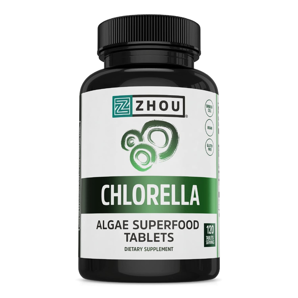Zhou Chlorella Tablets - Chlorella Supplement, Chlorophyll Vitamin, Pure Green Algae Superfood, Nutrient Rich Super Food Pills, Broken Cell Wall - 120 Vegan Tablets