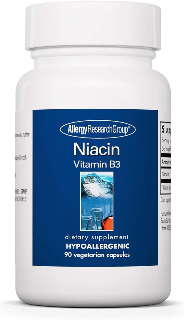 Allergy Research Group Niacin Supplement - Vitamin B3 til mænd og kvinder, Niacin med flush, Nicotinsyre, NAD, 250 mg vegetariske kapsler - 90 Tæl