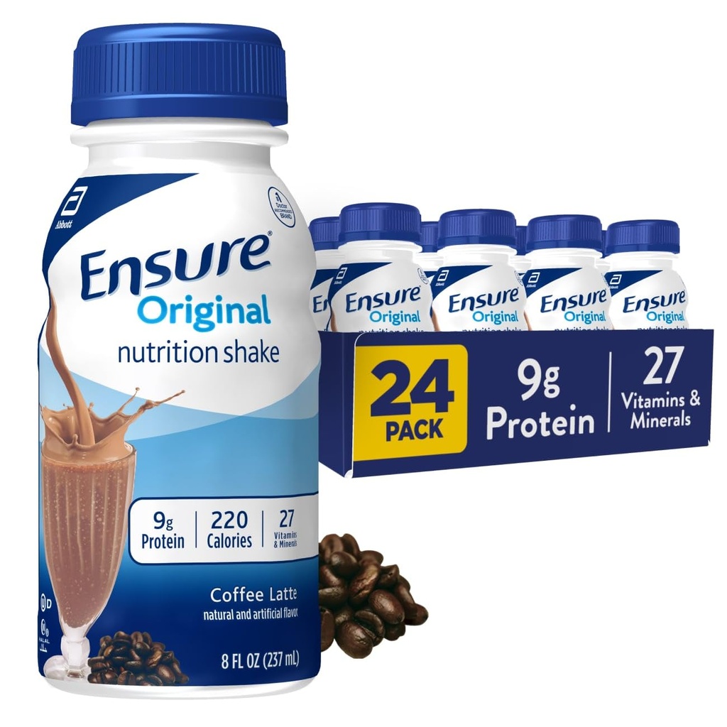 Sikre original kaffe Latte Nutrition Shake 124; Lille måltid erstatning Shake 124; Klar til at drikke 124; 9g Protein, 27 Vitamin og mineraler; 8 fl oz - 24 Pack