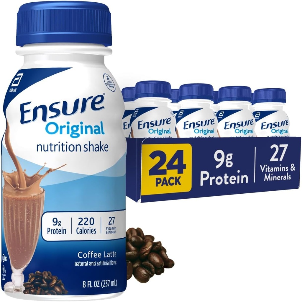 Sikre original kaffe Latte Nutrition Shake 124; Lille måltid erstatning Shake 124; Klar til at drikke 124; 9g Protein, 27 Vitamin og mineraler; 8 fl oz - 24 Pack