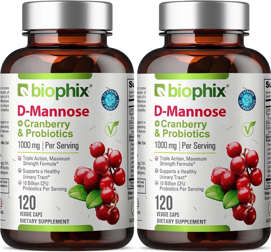 biophix D- Mannose 1000mg kapsler med tranebær og probiotika - D Mannose Kosttilskud til kvinder - D- Mannose Pills til Urinary Tract & Brege Health Support - fordøjeligt velvære - 120 Vcaps 2 Pack